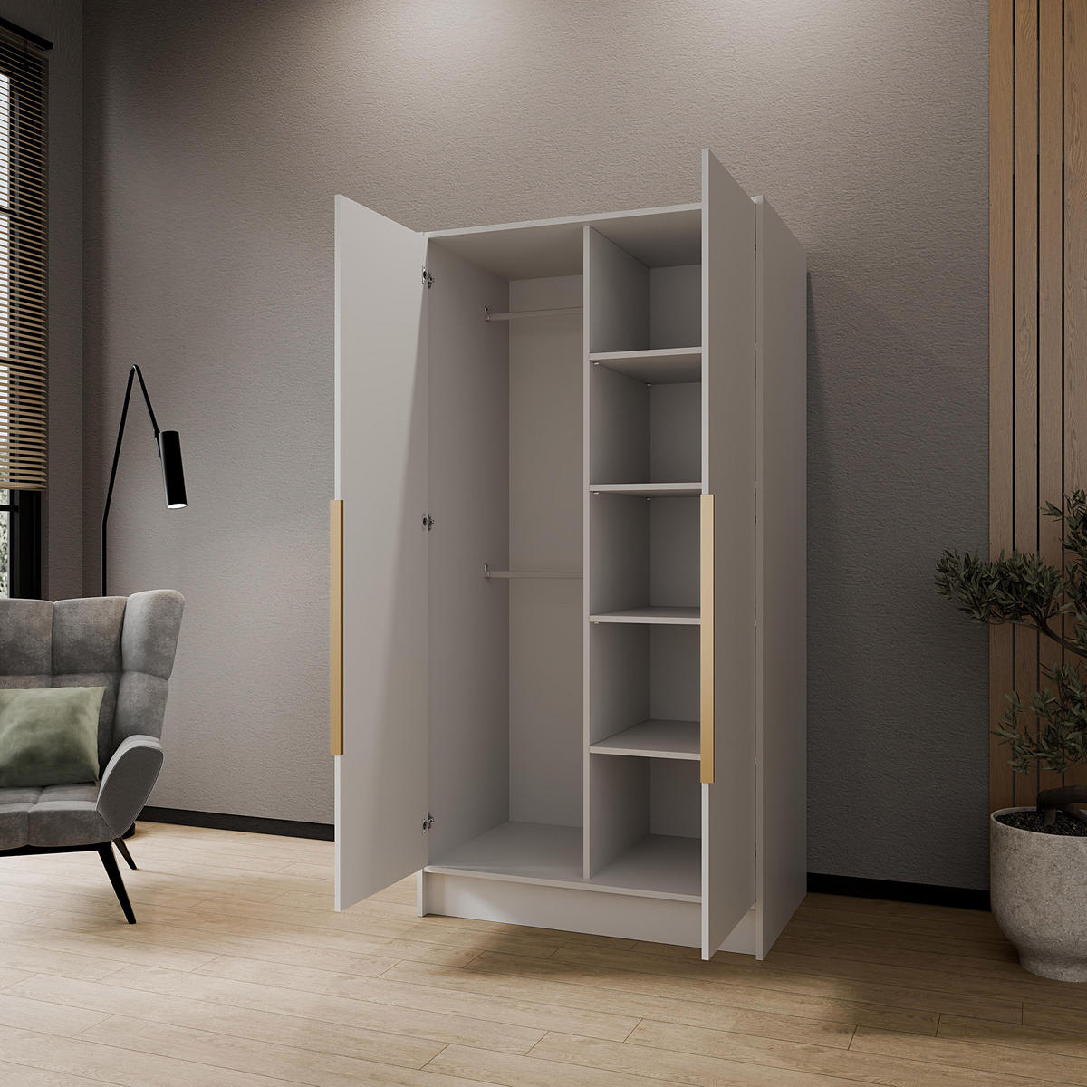 DREHTÜRENSCHRANK Laro mit Spiegel, Weiß mit mit goldenen Griffen, 100 cm - Weiß, Holzwerkstoff (100/200/51cm) - Beautysofa