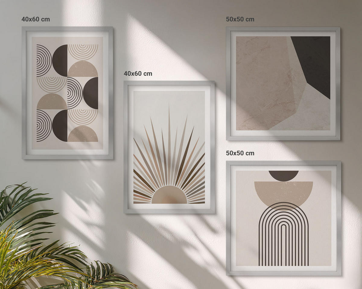 BILDER SET 4er Set - 50x50 cm & 40x60 cm Silberner Rahmen - Abstrakte beige und braune Formen - Silberfarben, Kunststoff (50/50cm) - TULUP