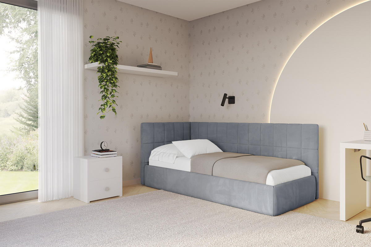 EINZELLBETT Jugendbett mit Bettkasten und Matratze H3/H4, Rechts - TULY 90x200 Grau - Blaugrau, Holzwerkstoff/Textil (90/200cm) - ALTDECOR