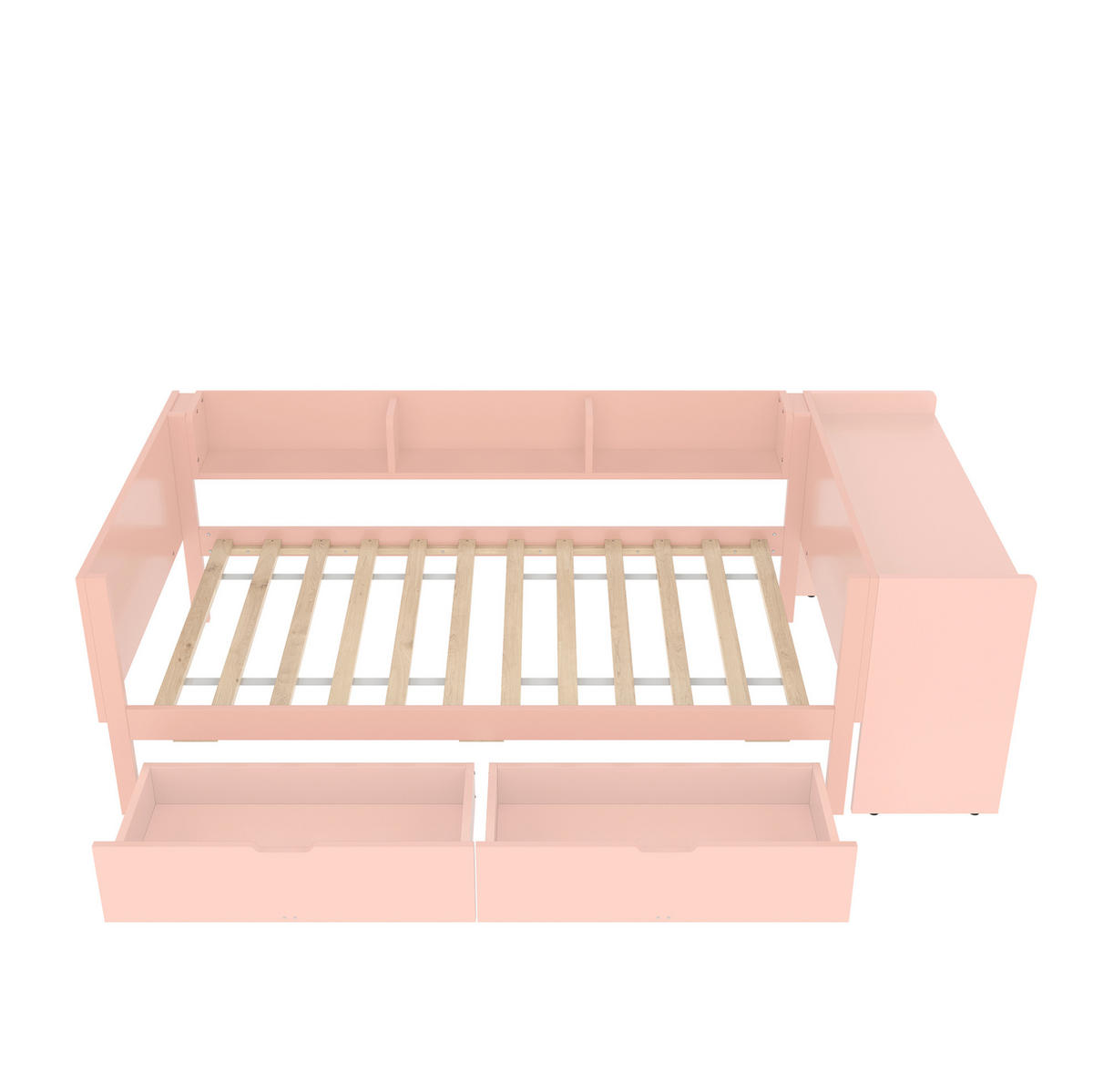 KINDERBETT 90/200 cm mit Schreibtisch, 3 Regalen, 2 Schubladen und Absturzsicherung aus Kiefer/Spanplatte, Rosa/Weiß - Rosa, Holzwerkstoff (90/200cm) - Redom