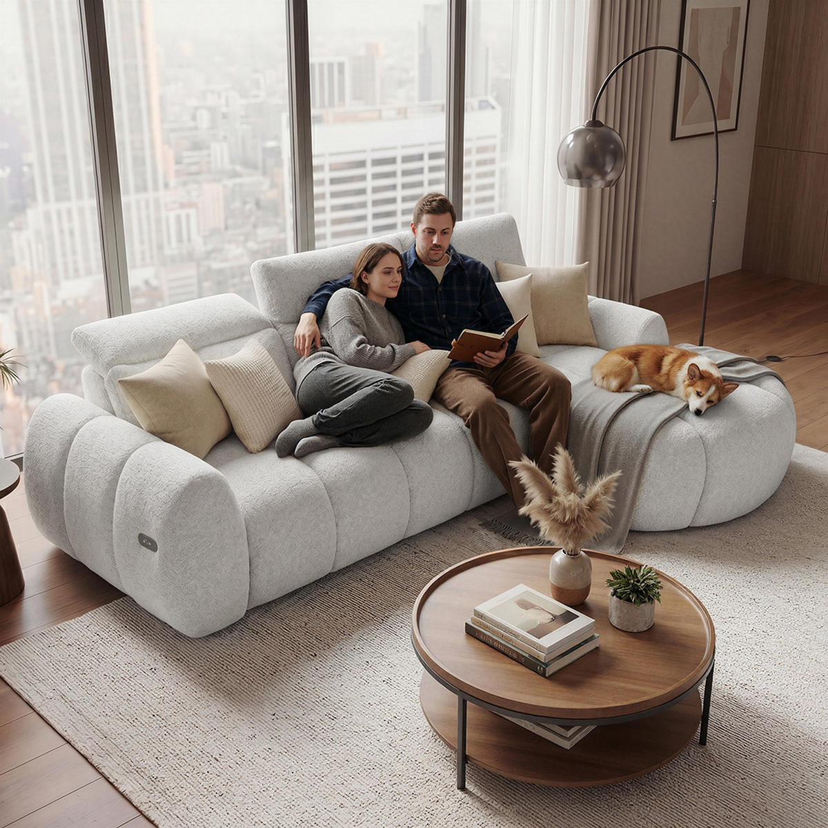 ECKSOFA Sorel Mini mit Automatisch verstellbarer Sitztiefe und Kopfstützen, rechts, Hellbeige - Beige, Textil (275/190cm) - Beautysofa