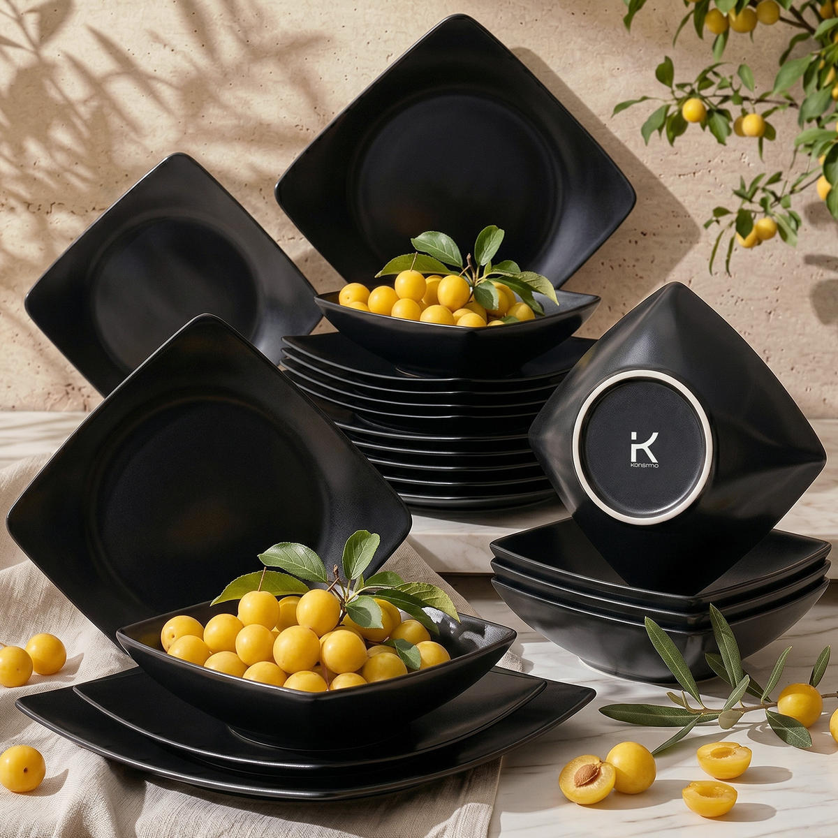 TAFELSERVICE EPIRI Geschirrset 6 Personen 18-tlg - Schwarz, Keramik (25/2/25cm) - KONSIMO®