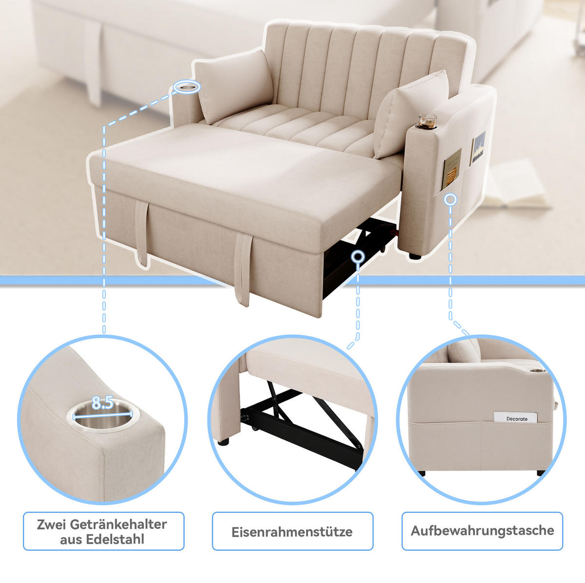 SCHLAFSOFA Baumwollstoff mit 3-fach verstellbarer Rückenlehne Beige 136/162/84 cm - Beige, Textil (84/136/162cm) - Redom