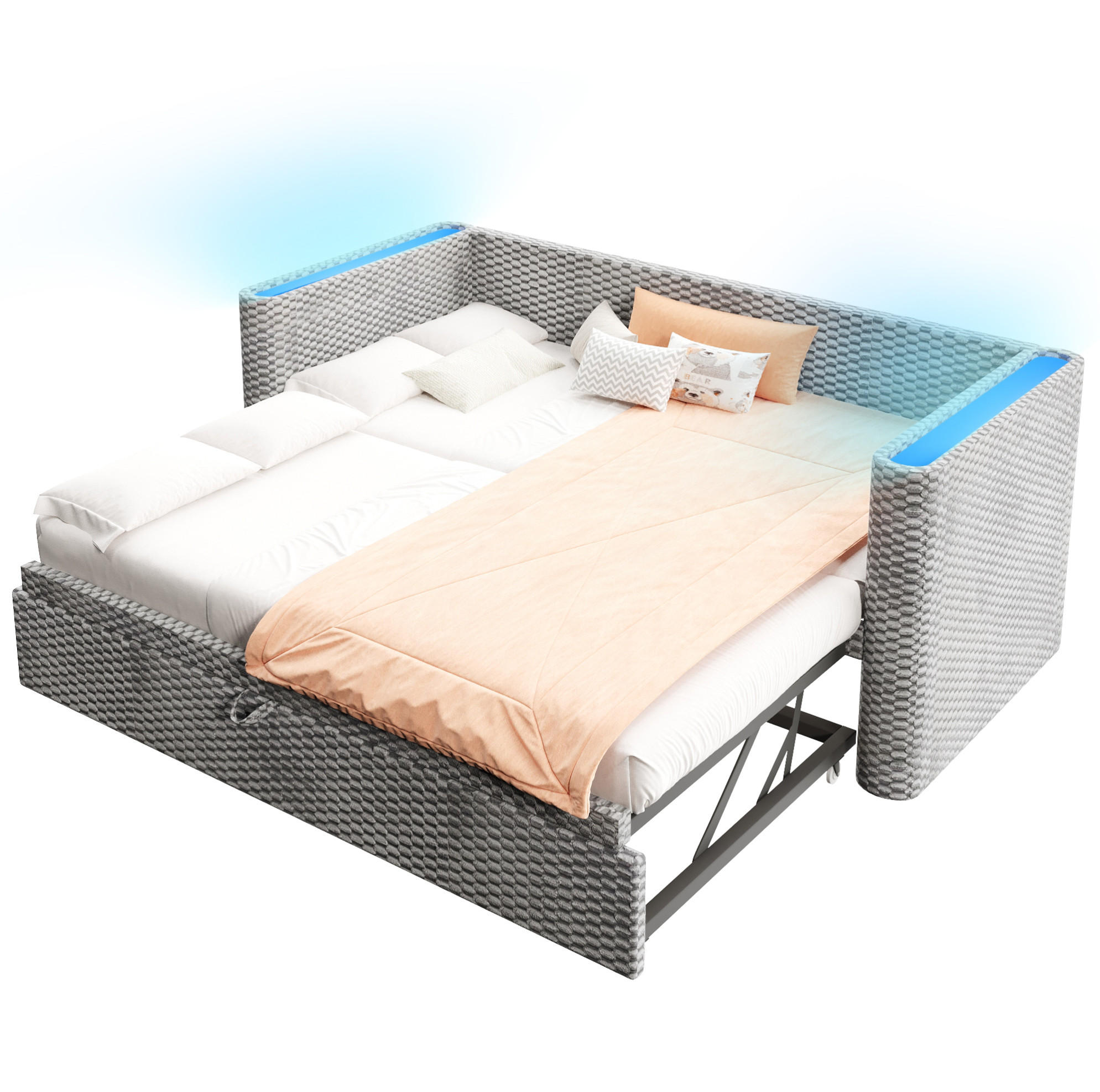 TAGESBETT aus Samt 90x200 cm Grau mit Ausziehfunktion, LED-Beleuchtung und umklappbarer Liegefläche 180x200 cm - Grau, Textil (90/200cm) - Modfu