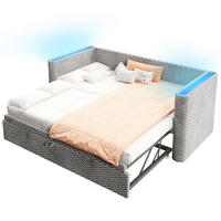 TAGESBETT aus Samt 90x200 cm Grau mit Ausziehfunktion, LED-Beleuchtung und umklappbarer Liegefläche 180x200 cm - Grau, Textil (90/200cm) - Modfu