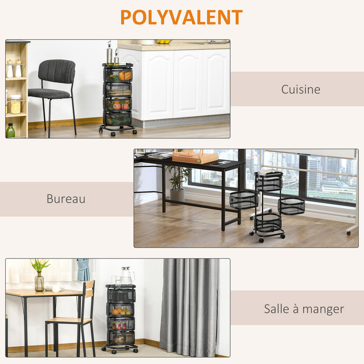SERVIERWAGEN DE-12493 4 Körbe 33/33/77 cm Schwarz - Schwarz, Metall (33/77/33cm) - ComfortXL