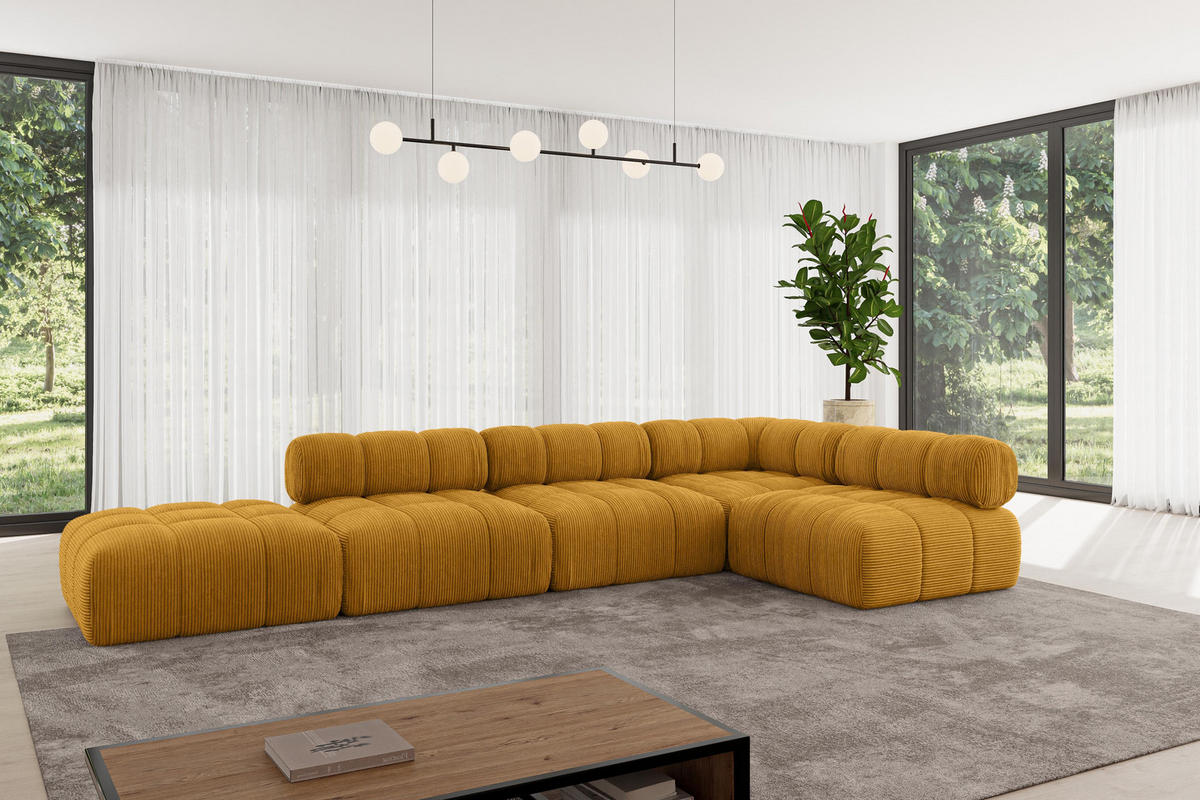ECKSOFA modulares Sofa Favio-L2 - 380x190x70 cm Senfgelb Cord - Currygelb, Holzwerkstoff/Textil (380/190cm) - ALTDECOR