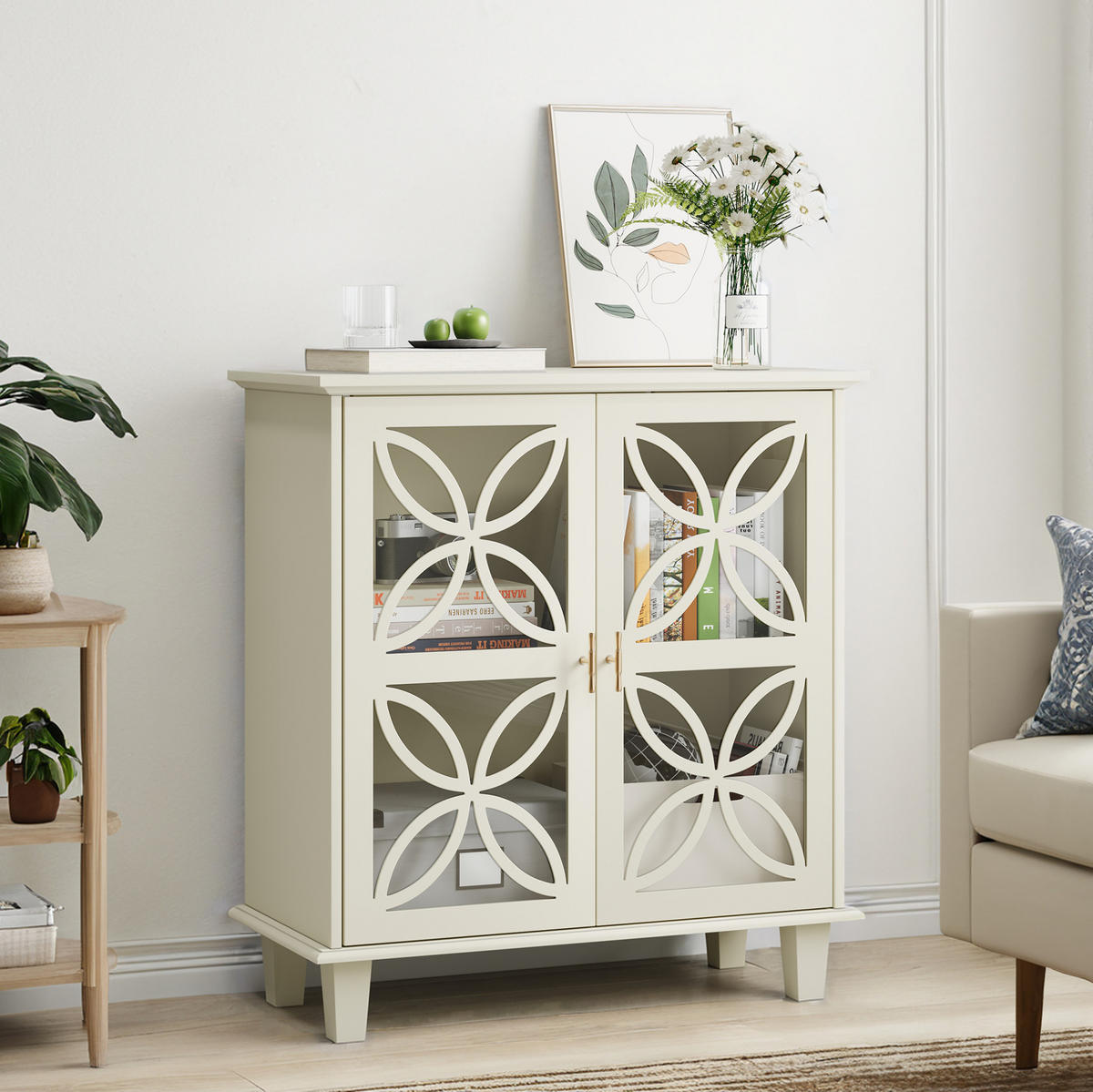 SIDEBOARD mit Hartglastüren, verstellbaren Einlegeböden und Stauraum, Creme - Creme, Holzwerkstoff (80/87/38cm) - Redom