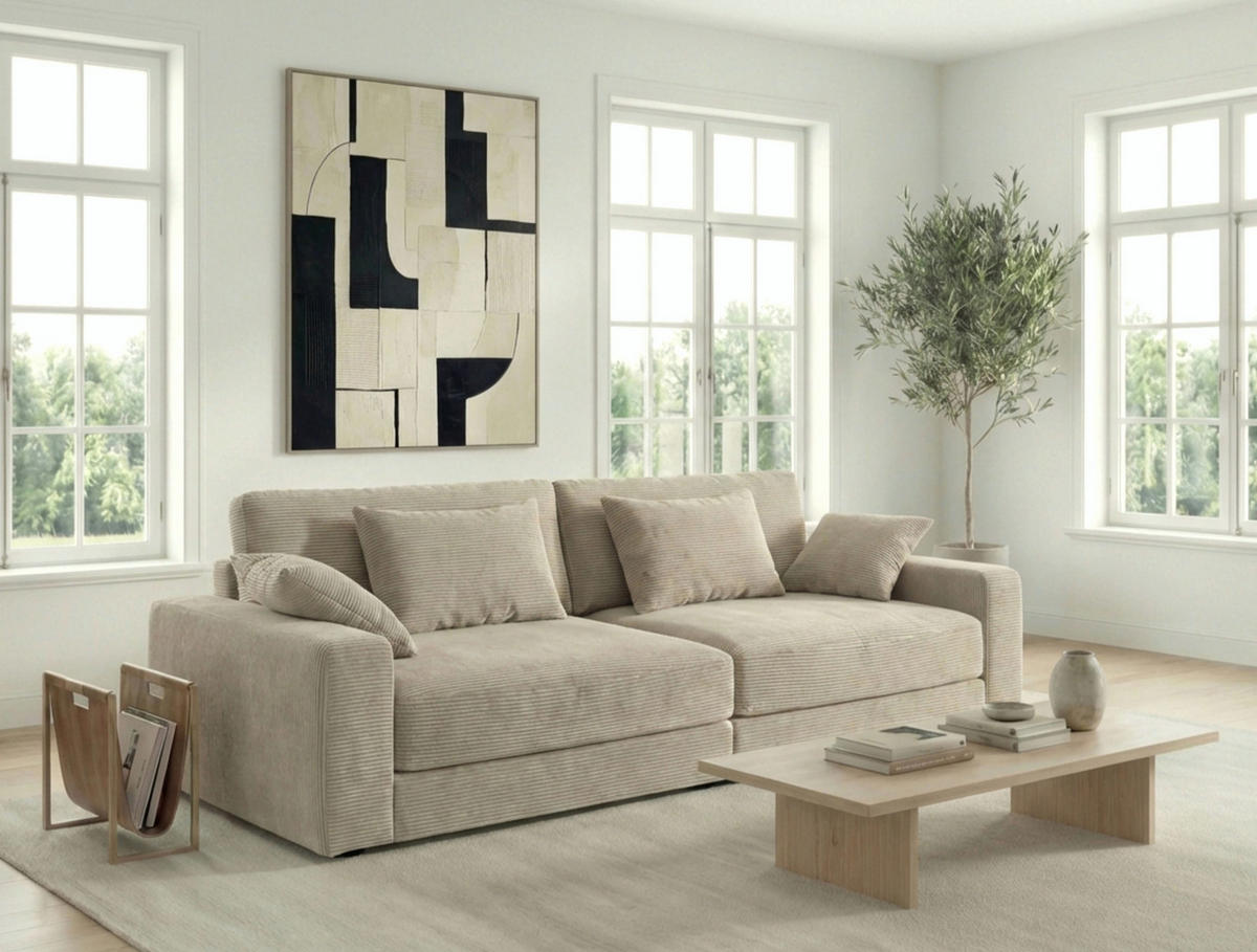 BIG-SOFA mit Federkern B290/T135/H90 cm extratief, Liegefläche 122x240 cm, Cord Beige Grau / 15251 - Greige/Beige, Kunststoff/Textil (290/90/135cm) - luma-home