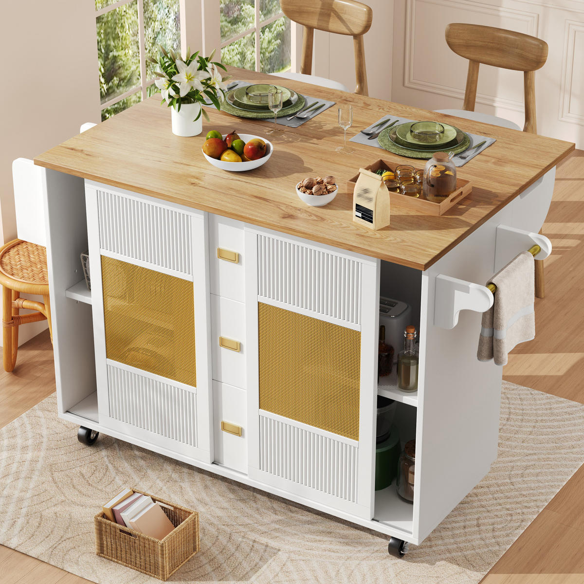 KÜCHENINSEL 146,85/90/70 cm Weiß aus MDF und Metall mit Klapptisch und Rollen - Weiß, Holzwerkstoff (70/90/146.85cm) - OKMYHOME