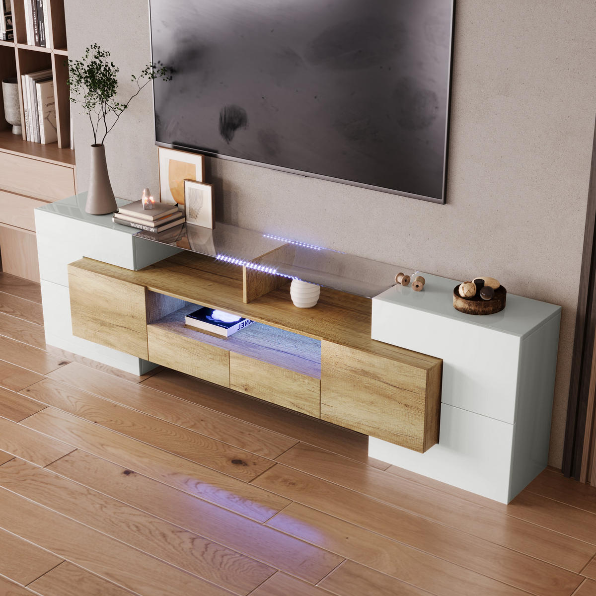 TV-LOWBOARD 200 cm Hochglanz LED weiß - Naturfarben, Holz (200/60/35cm) - Fortuna Lai