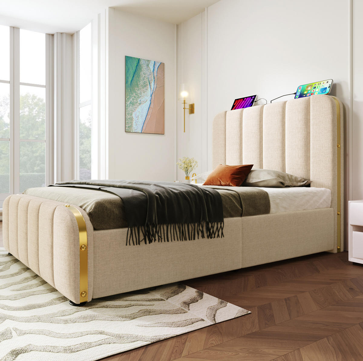 POLSTERBETT aus Leinen 90x200 cm Beige mit Bettkasten, USB- und USB-C-Anschluss - Beige, Textil (90/200cm) - IVMEU