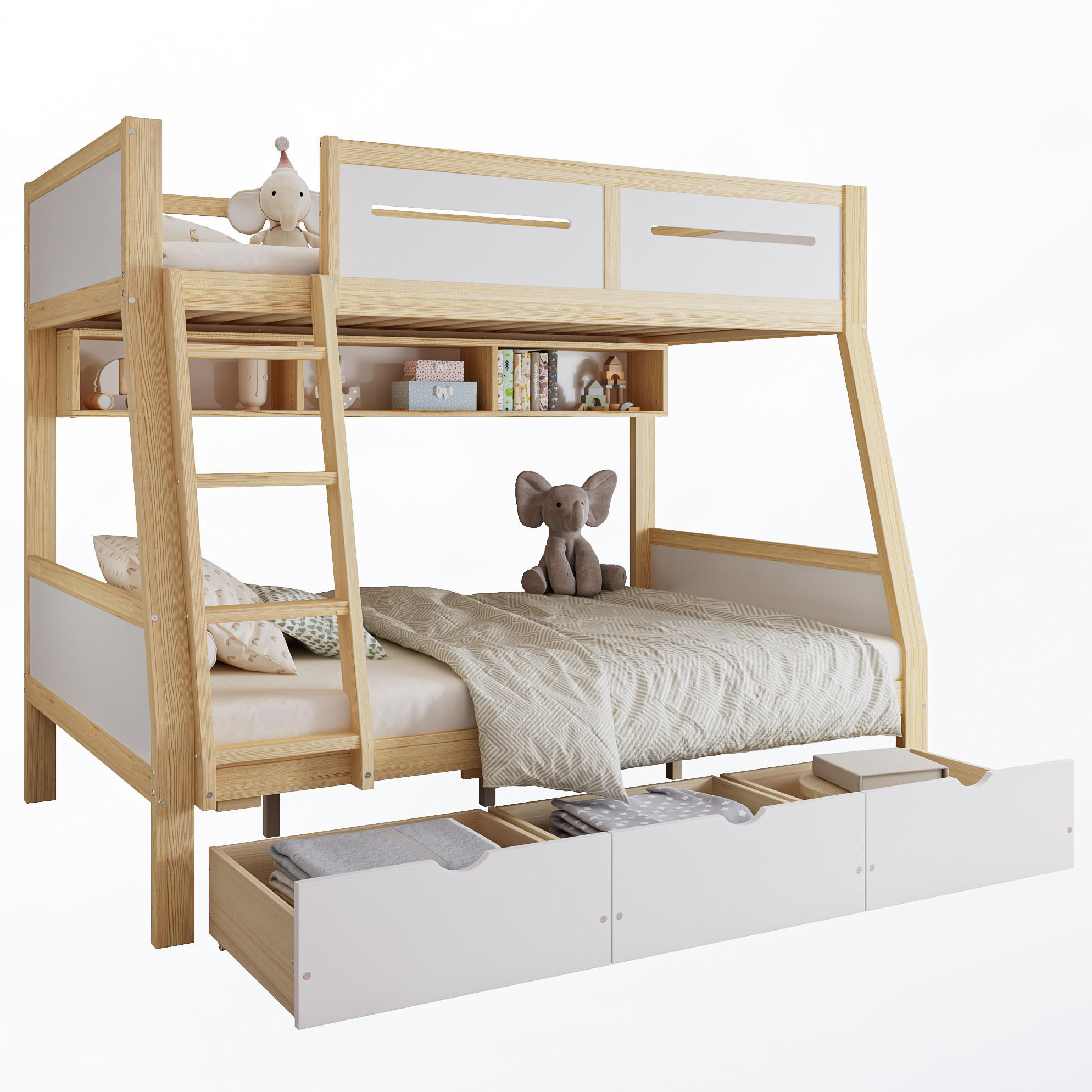 ETAGENBETT 90/200 & 120/200 cm Weiß/Natur mit 3 Schubladen und Bilderbuchständer - Weiß, Holz (90/200cm) - Flora Grace