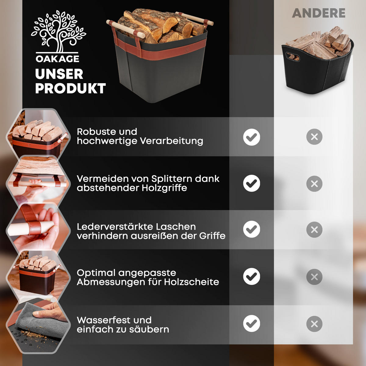 KAMINHOLZKORB LuxeLeather veganes Leder mit ausreißsicheren Holzgriffen 50/40/35 cm - Schwarz, Kunststoff (40/35/50cm) - OAKAGE
