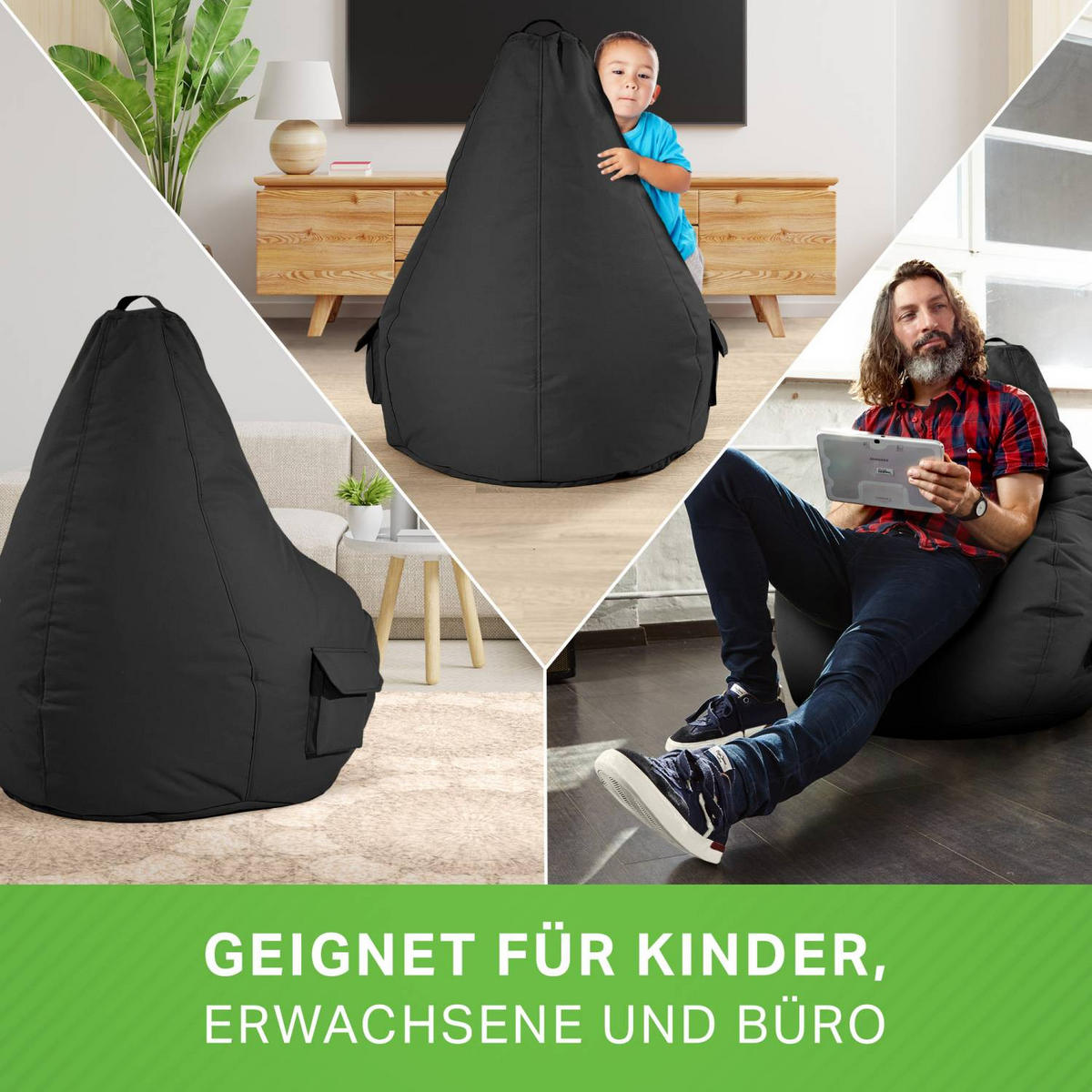 SITZSACK + Hocker "Cozy+Cube" 2er Set - Schwarz, Textil (70/90/80cm) - Green Bean