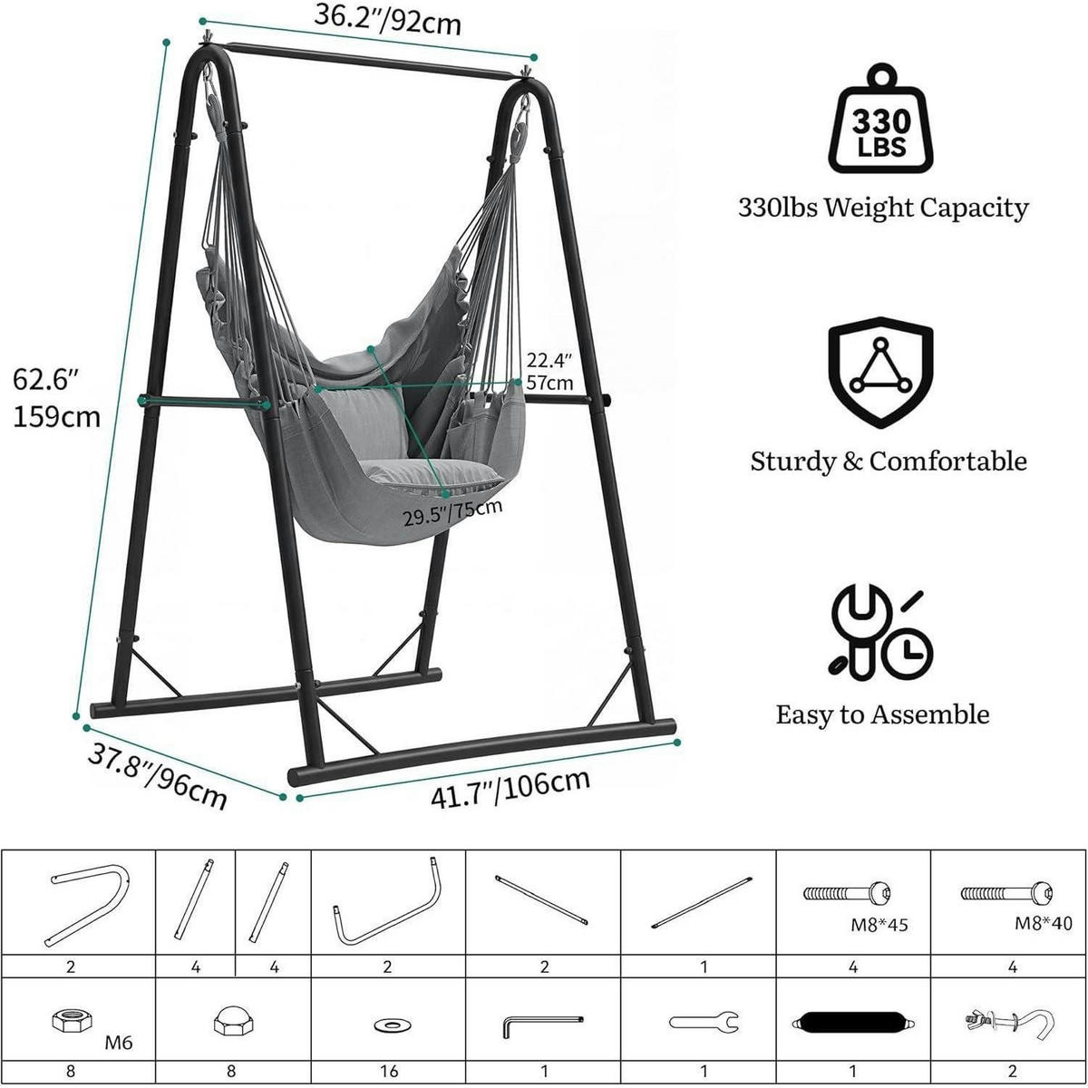 HÄNGESESSEL mit Gestell Grau - Grau, Metall (96/160/106cm)