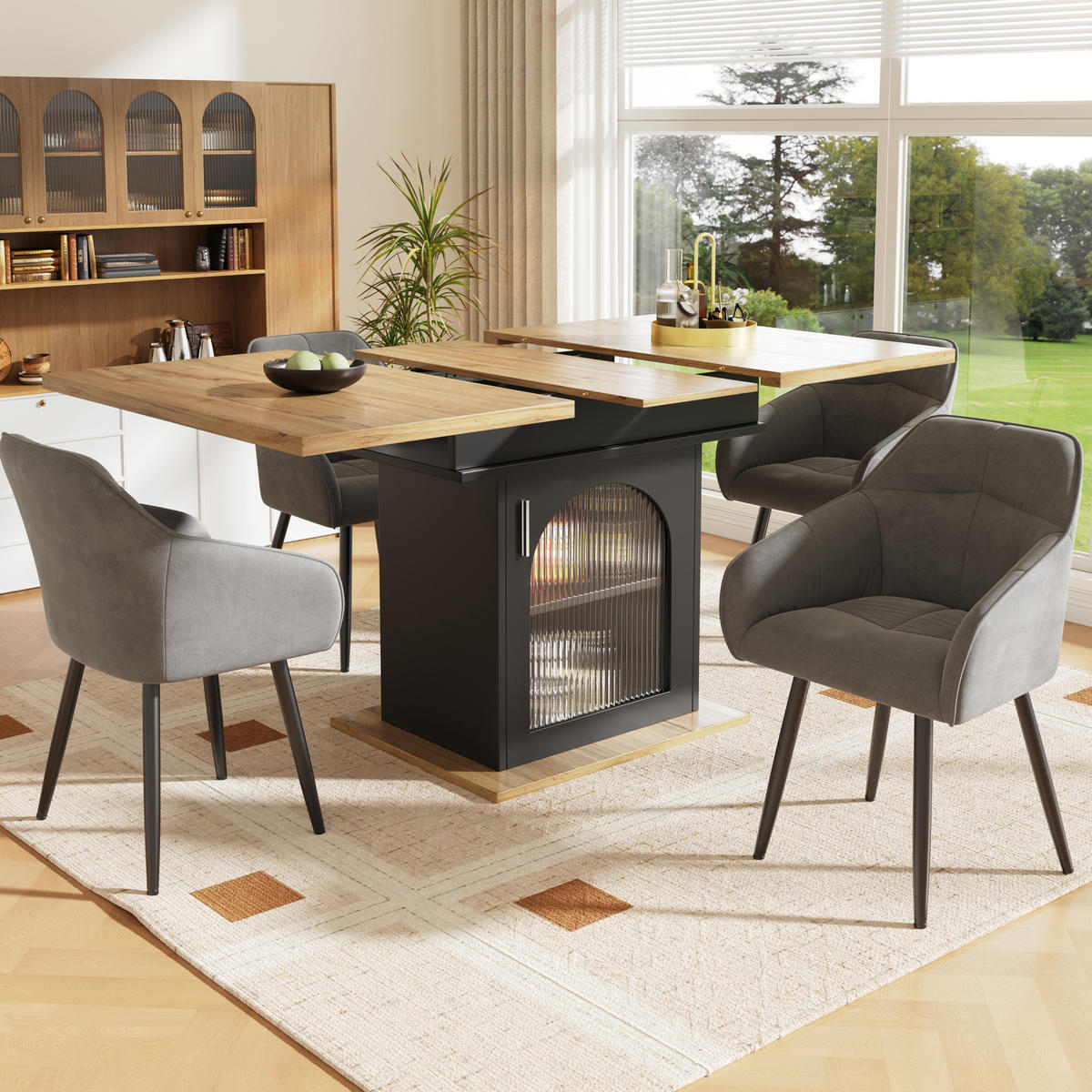 ESSTISCH 110-140x80x76 cm in Schwarz aus MDF mit Regenbogen-Glastüren und 3 Ablagen ausziehbar - Schwarz, Holzwerkstoff (140/80/76cm) - Modfu