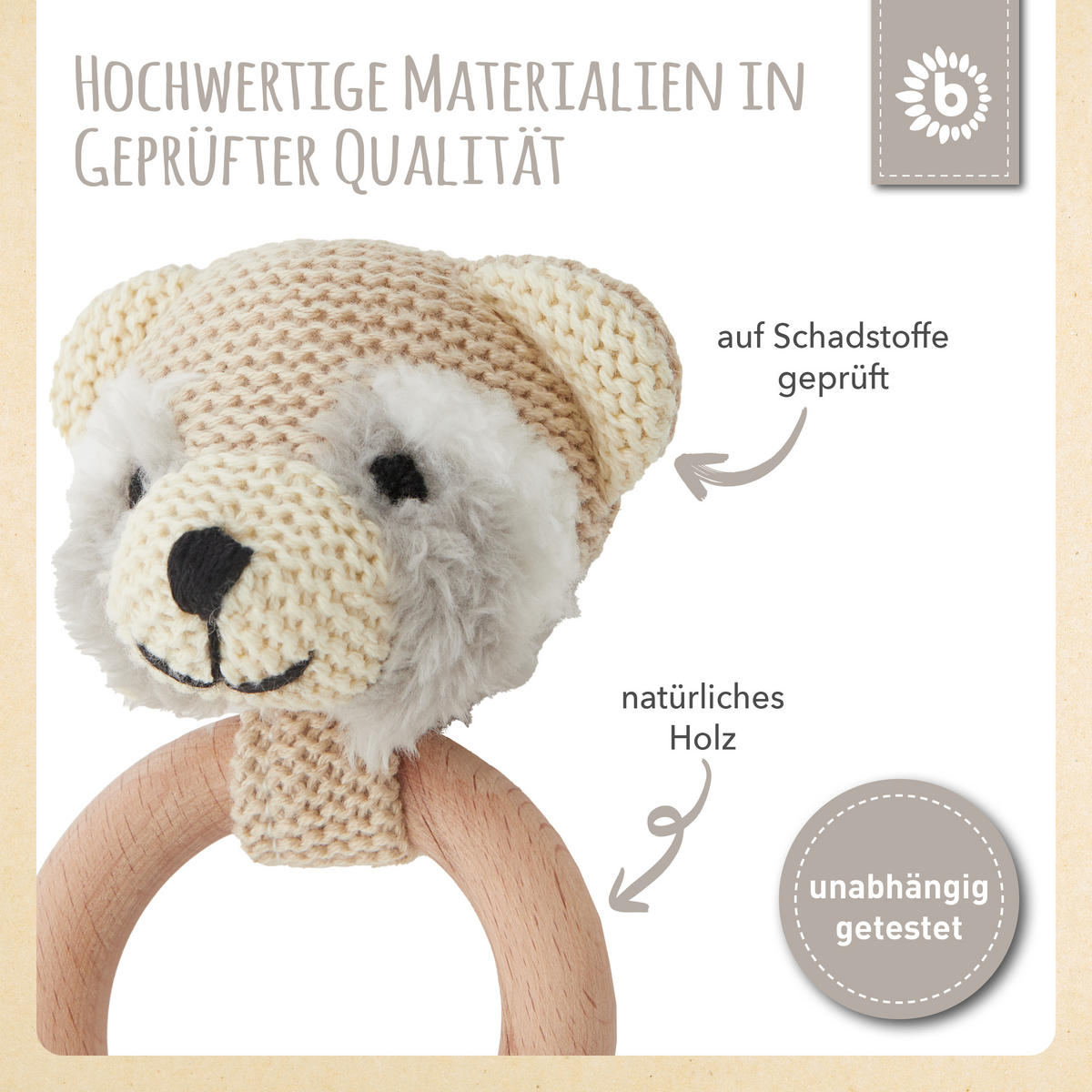 GREIFLING Holz Natur und Baumwolle mit R - Beige, Textil (9/20cm) - Bieco Spielwaren