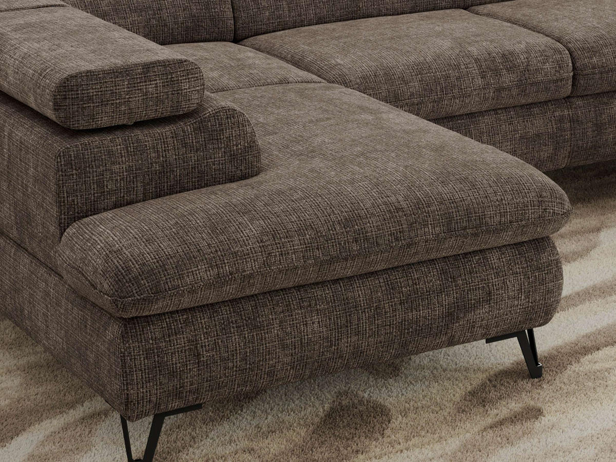 WOHNLANDSCHAFT PABLO U Schenille grob gewebt Braun mit Topper T25 - Schwarz/Braun, Textil/Metall (346/76/208cm) - MKS