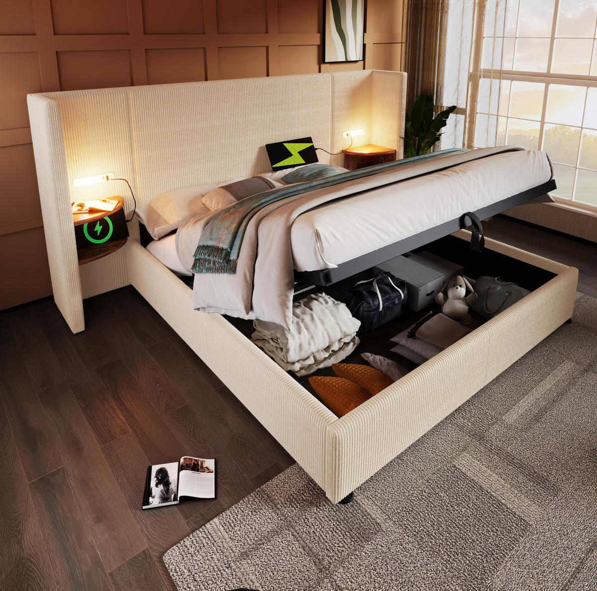 POLSTERBETT 180/200 cm Beige-Weiß aus Cordstoff mit Stauraum - Beige, Textil (180/200cm) - OKMYHOME