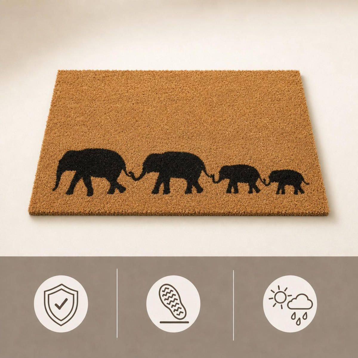 FUSSMATTE Natur Schwarz Kokosfaser Elefantenmotiv - Hellbraun, Kunststoff/Textil (60/40cm) - Relaxdays
