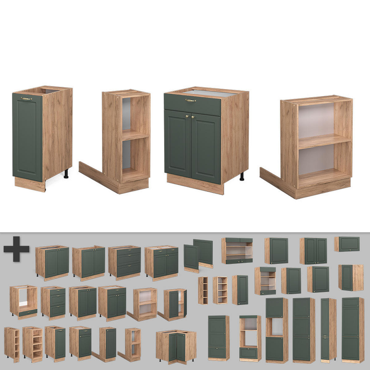 KÜCHENINSEL Fame-Line Grün-Gold Landhaus/Goldkraft Eiche 90 cm ohne AP - Honigeiche/Grün, Holzwerkstoff (90/82/60cm) - Vicco