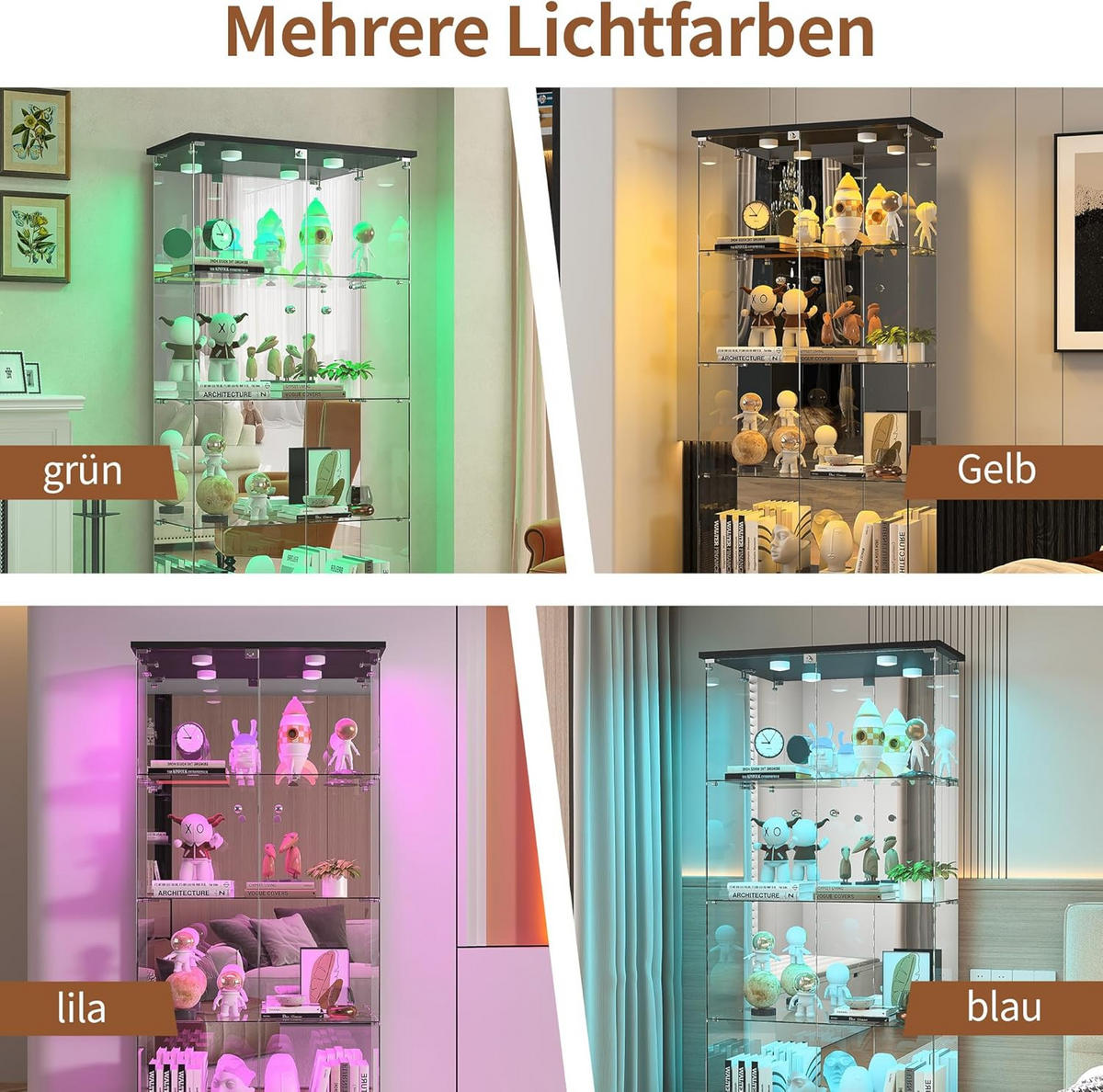 GLASVITRINE LED Vitrinenschrank Schwarz mit 2 Tür 4 Etagen mit Schloss und Spiegeleffekt - Schwarz, Glas (36.49/163.9/80.49cm) - BPKADHY