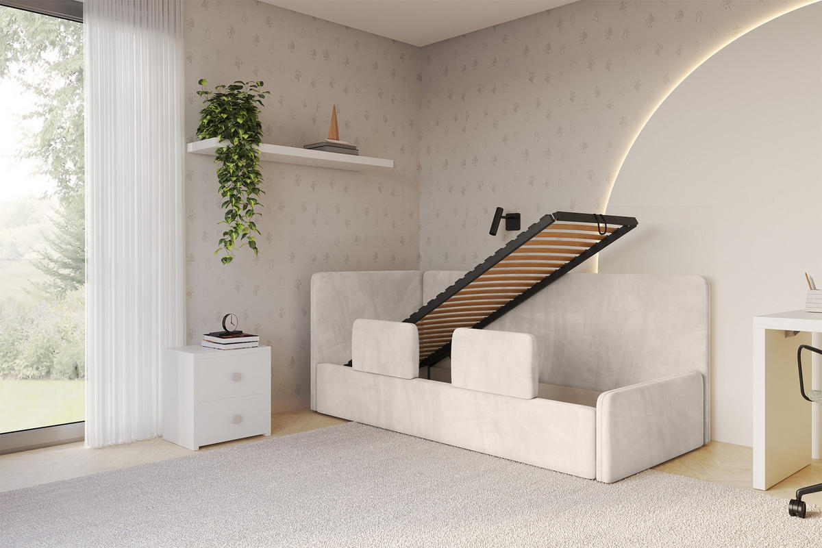 EINZELLBETT Jugendbett mit Bettkasten, Rechts - NORY 100x200 Beige - Sandfarben, Holzwerkstoff/Textil (100/200cm) - ALTDECOR