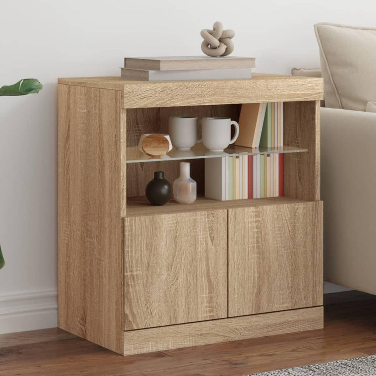SIDEBOARD mit LED-Licht, 2 Türen 60/37/67 cm aus Holzwerkstoff Sonoma-Eiche Dekor - Sonoma Eiche, Holz (60/67/37cm) - vidaXL
