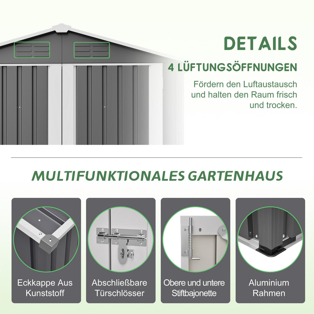 GERÄTEHAUS 185.4/142.3/185 cm Grau mit Belüftungslöchern und Metallfundament - Grau, Metall (142.3/185/185.4cm) - Oxeza