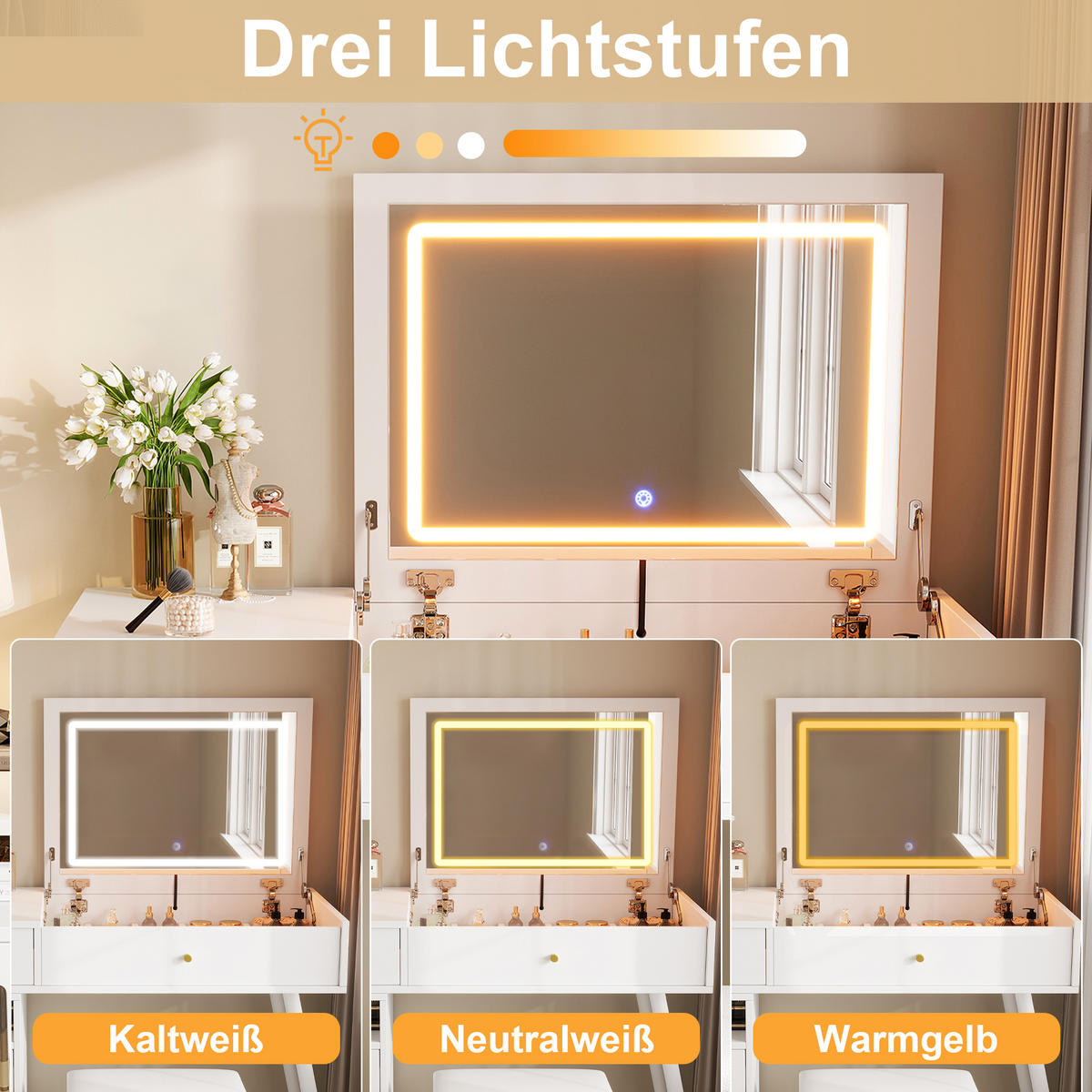 SCHMINKTISCH Set mit Hocker LED Spiegel Metallgriffe Modern - Weiß, Holzwerkstoff (120/77.5/50cm) - FLIEKS