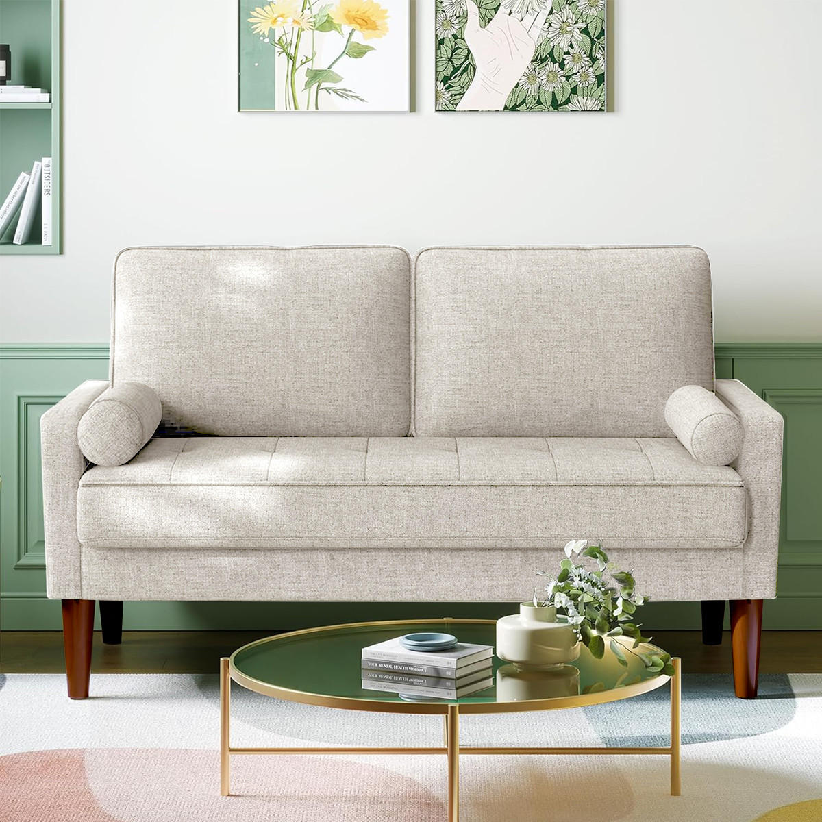 SOFA 2-Sitzer Modernes Kleines Sofa 120 cm,Stoffcouch mit Armlehne Knopf-Design, inkl. 2 Wurfkissen Couch für Wohnzimmer,Gästezimmer,Wohnung,Beige - Beige, Textil (51/46/121cm)