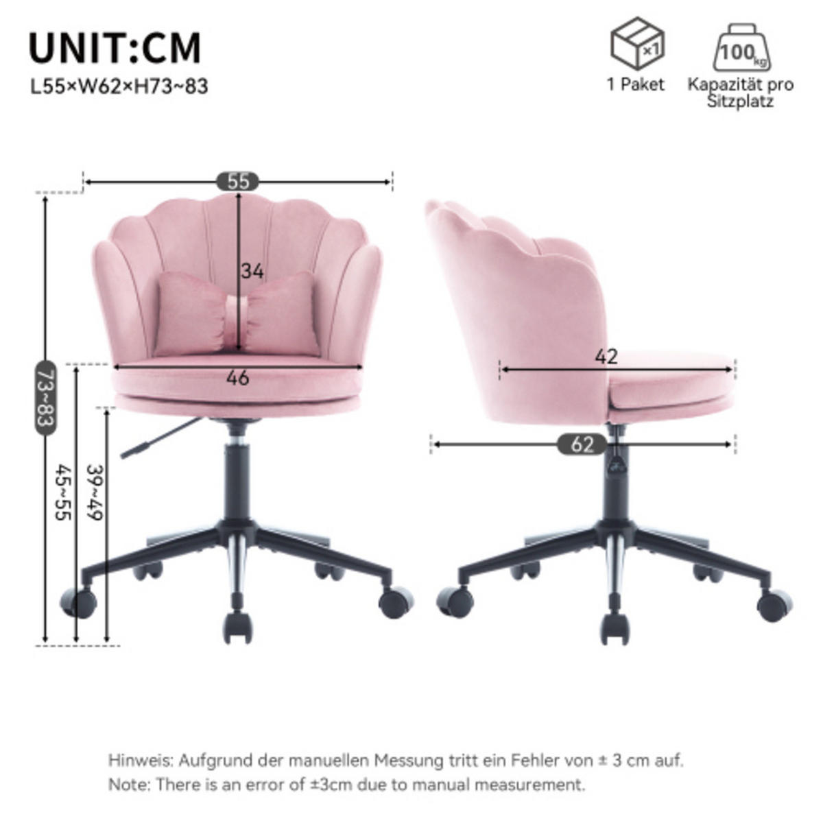 DREHSTUHL 55×62×73-83cm höhenverstellbar, Samt, rosa - Rosa, Textil (62/83/55cm) - Luhomfu