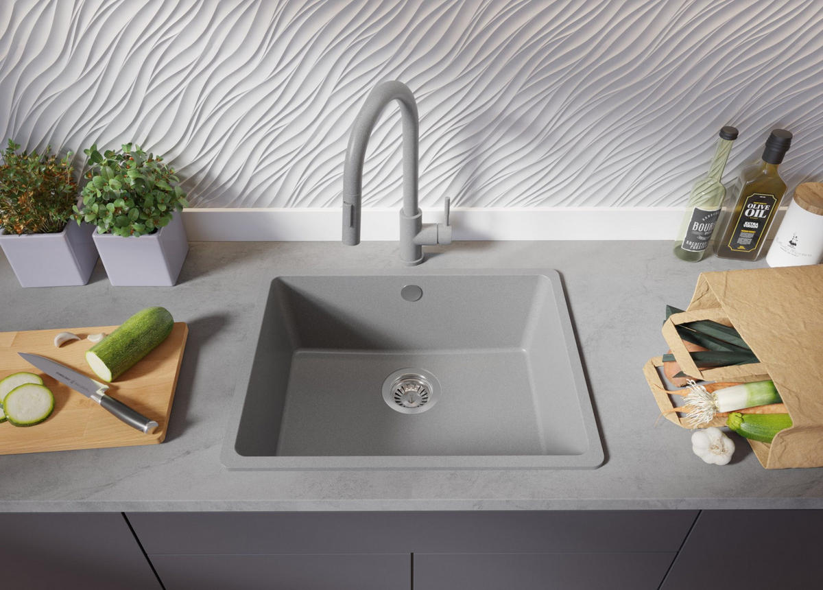 SPÜLBECKEN Venedig Slim Easy, 2-er set Grau 56/44 cm 1 Becken + Ablauf-Set ab 60er Unterschrank - Grau, Kunststoff (56/20/44cm) - Primagran