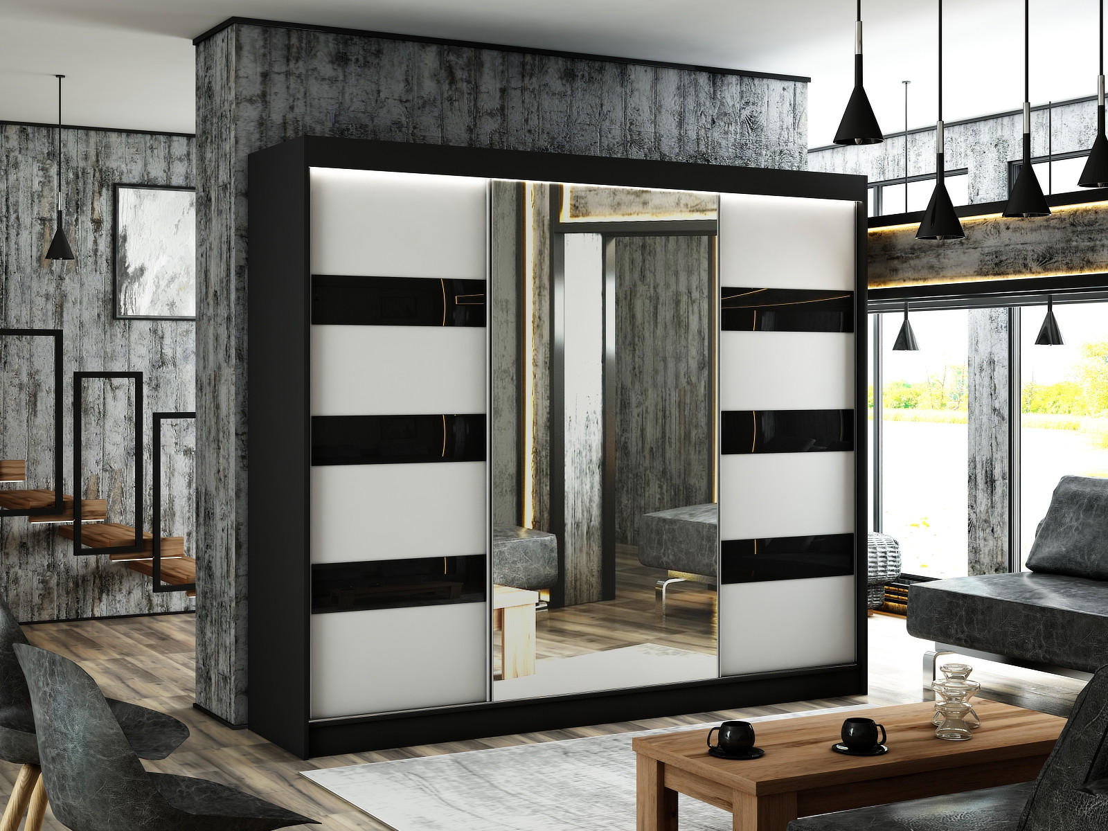 KLEIDERSCHRANK mit Spiegel und Schiebetüren LOSTE - 250 cm Schwarz|Schwarz - Schwarz, Holzwerkstoff (250/215/61cm) - ALTDECOR