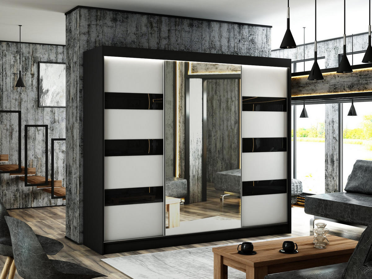KLEIDERSCHRANK mit Spiegel und Schiebetüren LOSTE - 250 cm Schwarz|Schwarz - Schwarz, Holzwerkstoff (250/215/61cm) - ALTDECOR