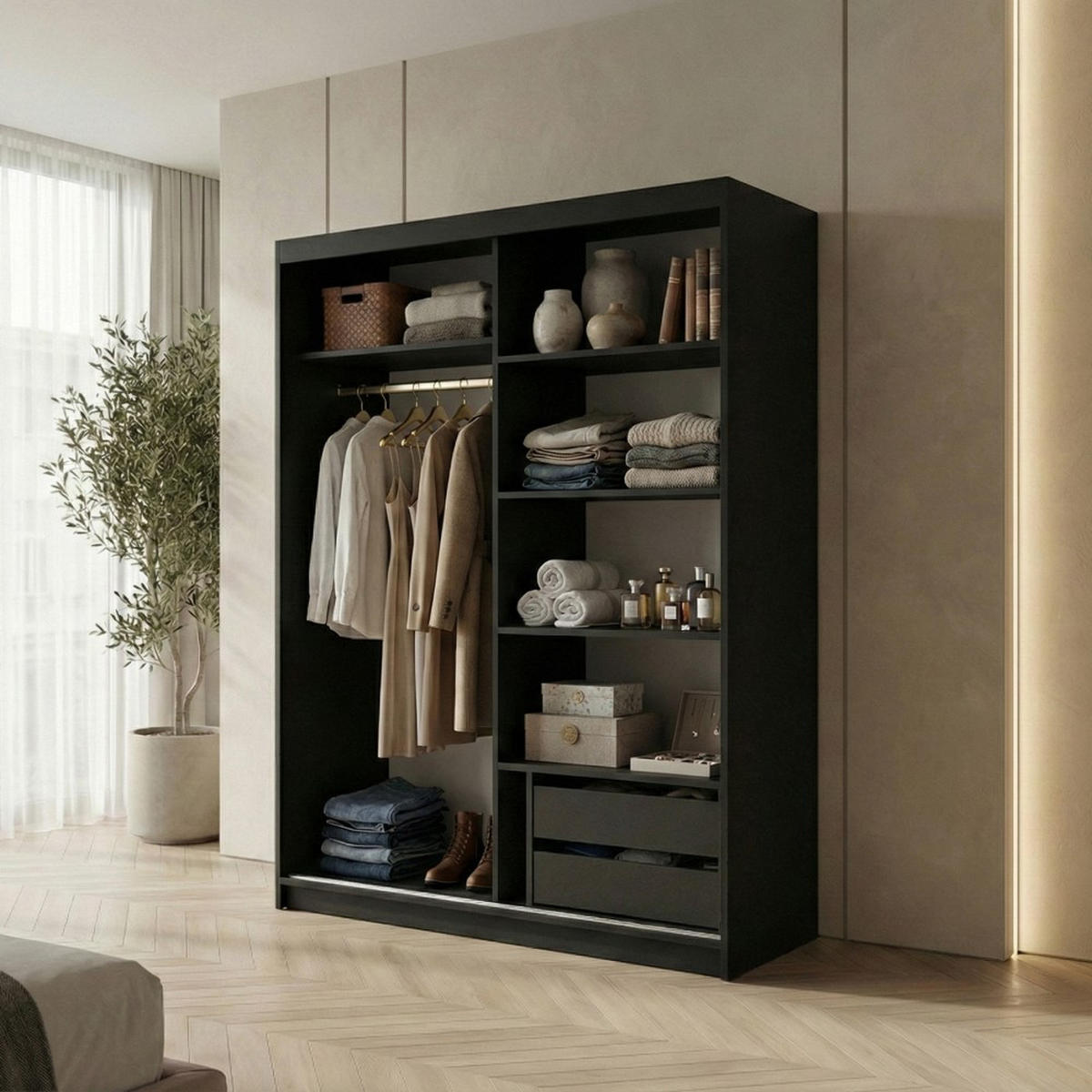 SCHWEBETÜRENSCHRANK Hela 120/205/60 2-türig schwarz mit Schubladen - Schwarz, Holzwerkstoff (120/205/60cm) - Beautysofa