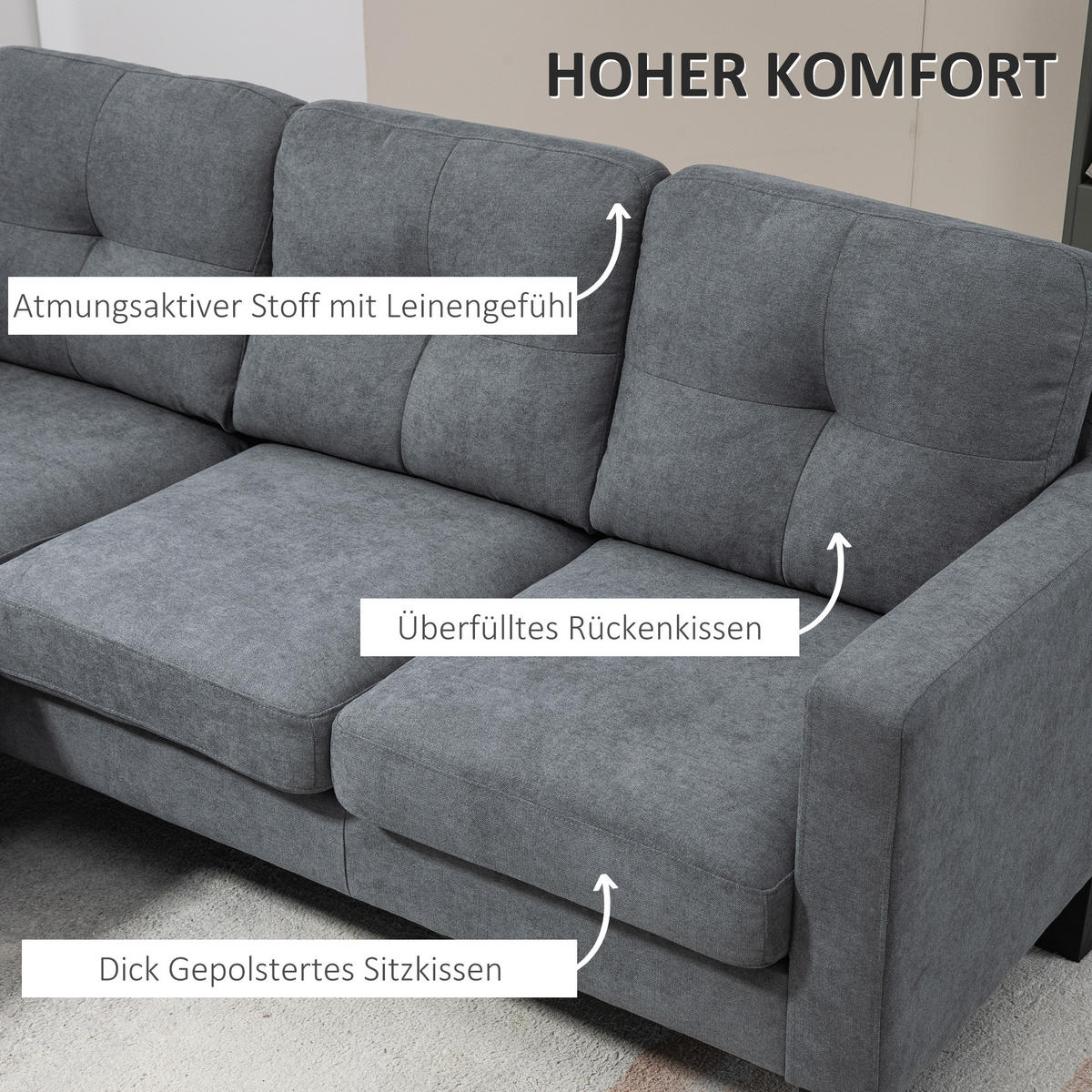 ECKSOFA Couch mit Umkehrbar Chaiselongue Sofa L Form mit Leinenoptik Dunkelgrau - Dunkelgrau, Kunststoff (130/186cm) - HOMCOM
