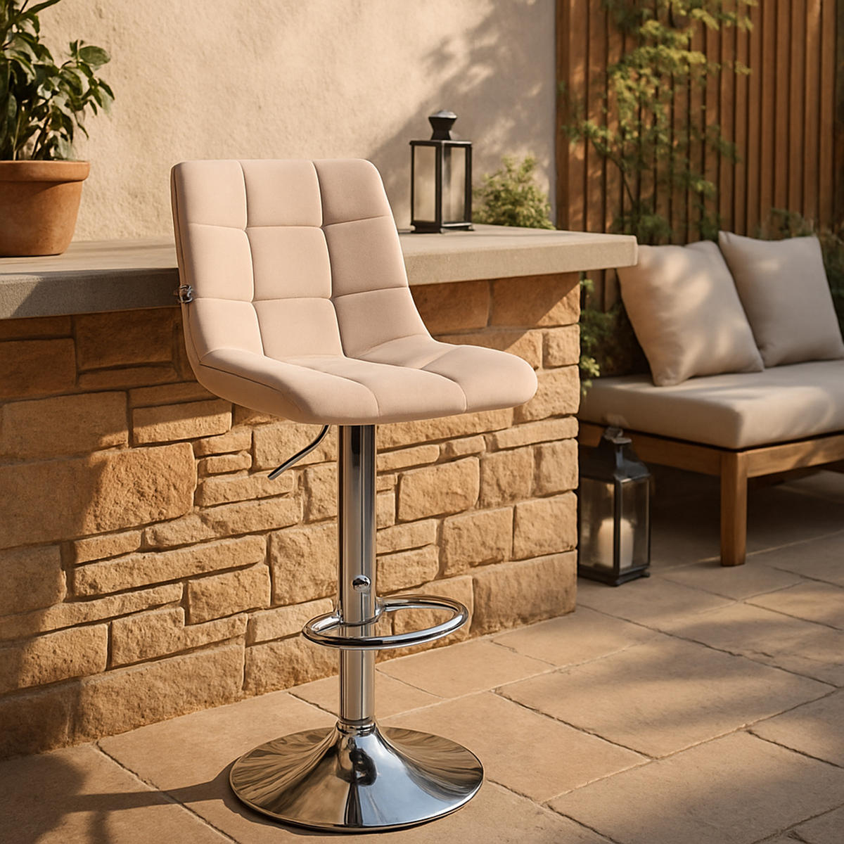 BARHOCKER James Samt chrom beige - Chromfarben/Beige, Textil/Metall (43/108.5/46.5cm) - TPFLiving