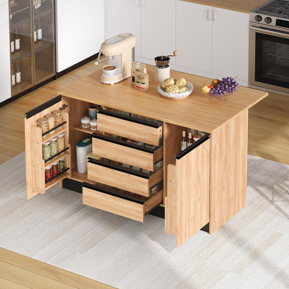 KÜCHENINSEL 140/50/90 cm Natürlich mit 4 Schubladen, ausklappbarer Arbeitsplatte und 2 Schränken - Silberfarben/Weiß, Holz/Holzwerkstoff (80/90/140cm) - Oxeza