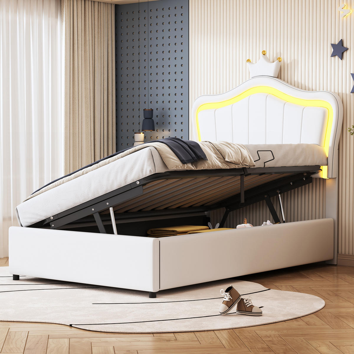 POLSTERBETT 90/200 cm Weiß mit Kronendesign und LED-Beleuchtung - Weiß, Holzwerkstoff (90/200cm) - OKWISH