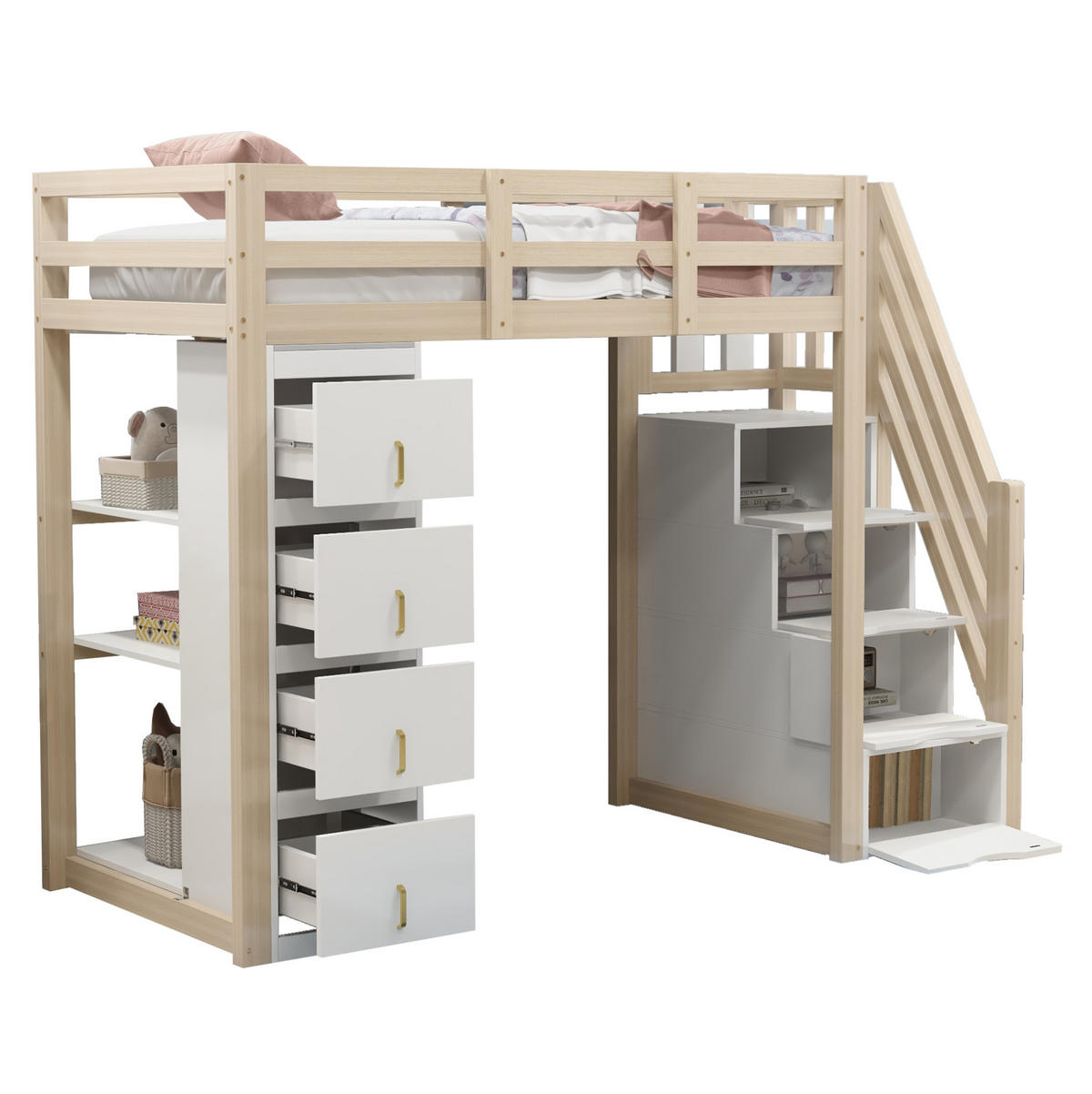 HOCHBETT 90/200 cm aus Holz mit Stauraum und Regal in Naturfarbe - Weiß, Holz (90/200cm) - Flora Grace
