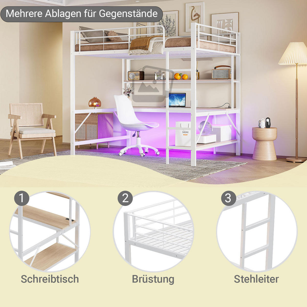 HOCHBETT 140/200 cm aus Metall mit Schreibtisch, Regal und LED-Beleuchtung Weiß - Weiß, Metall (140/200cm) - Modenvie