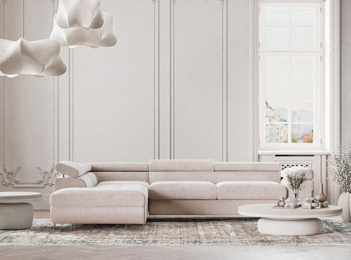 ECKSOFA Concord Creme Chenille-Stoff - Links Seite - Creme/Schwarz, Holz/Holzwerkstoff (203/277cm) - Maison de Reve