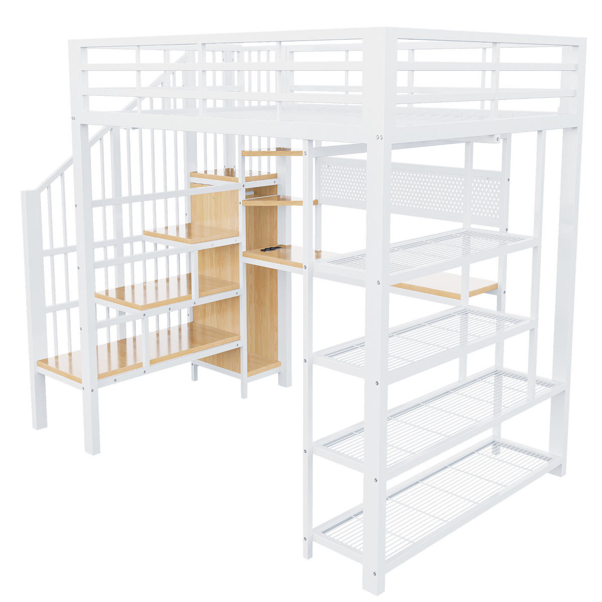 HOCHBETT mit Treppe und Schreibtisch 140x200 cm Metall Holz White - Weiß, Metall (140/200cm) - Meubliv
