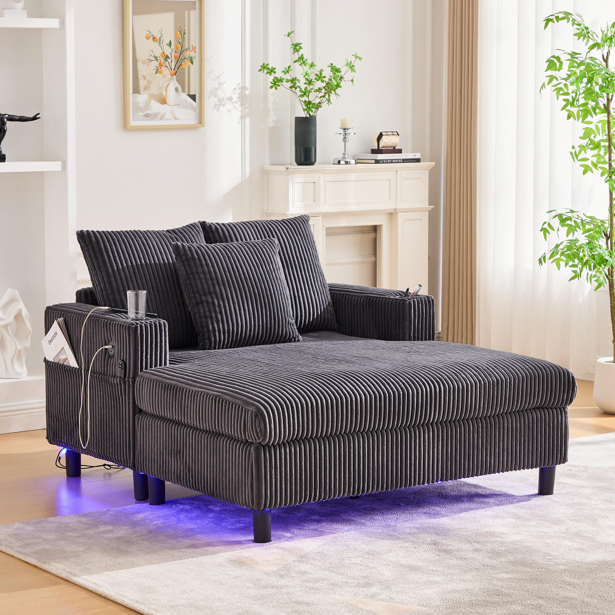 CHAISELONGUE 2-Sitzer Cord Dunkelgrau mit LED, USB und Getränkehalter - Dunkelgrau, Holzwerkstoff/Kunststoff (128/85/142cm) - WISHDOR