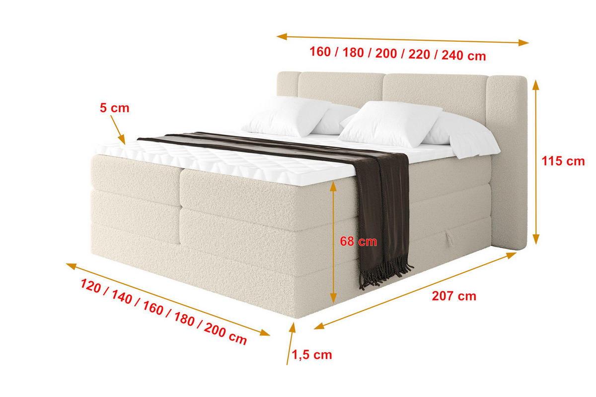 BOXSPRINGBETT mit Matratze H3/H4 - EVON KING - 140x200 cm Beige - Kaschmir, Holzwerkstoff (140/200cm) - ALTDECOR