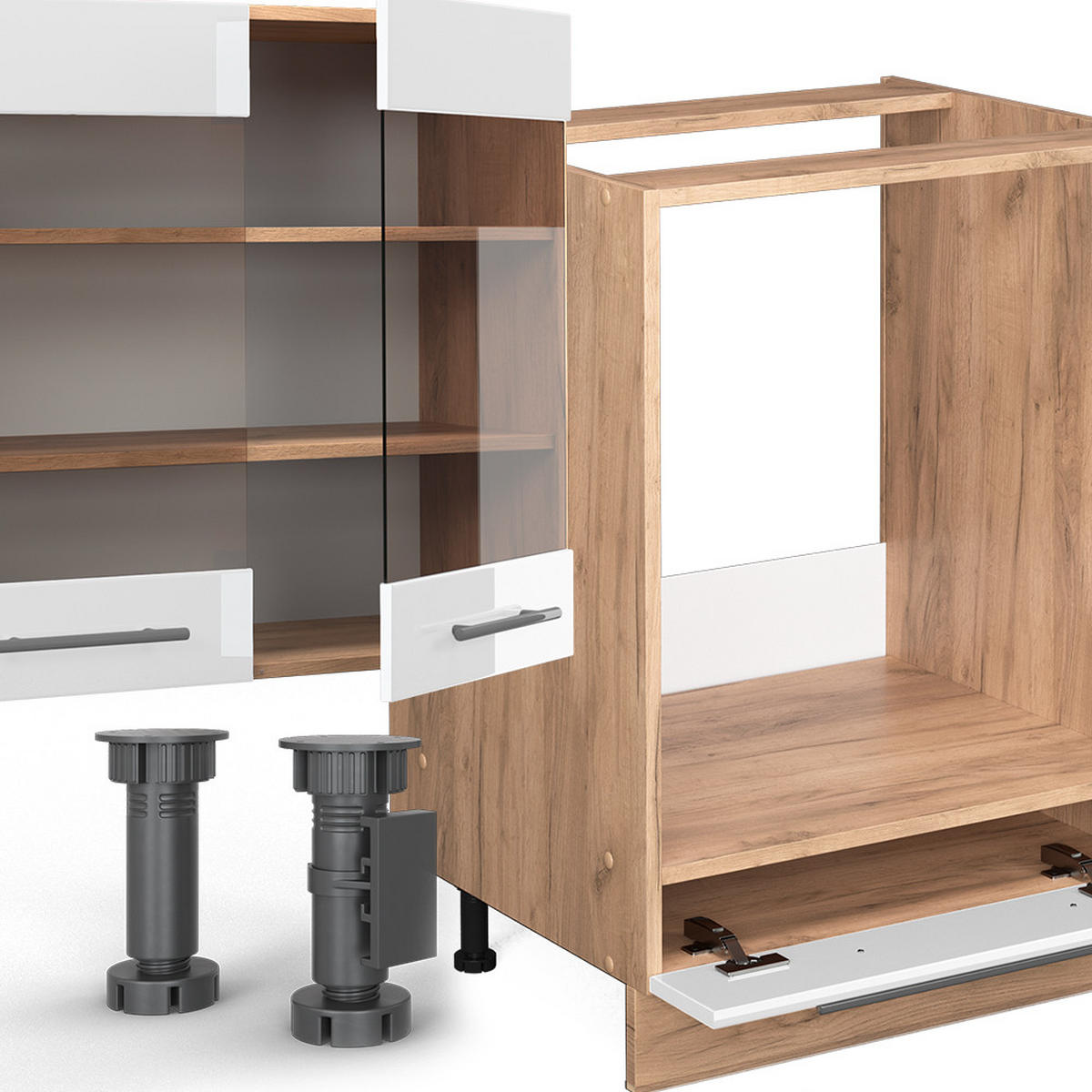 KÜCHENZEILE Fame-Line Weiß Hochglanz/Goldkraft Eiche 300 cm, AP Marmor - Honigeiche/Weiß Hochglanz, Holzwerkstoff (300/81.6/60cm) - Vicco