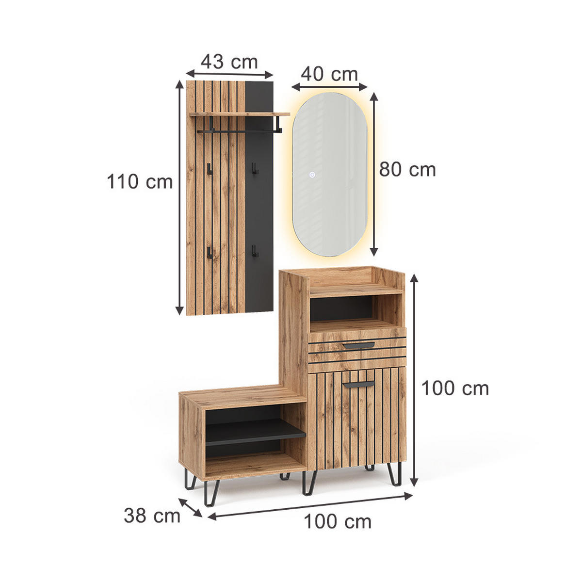 GARDEROBE Amber Eiche Wotan 100 x 100 cm 3 Teile - Eiche Wotan, Holzwerkstoff (100/100/38cm) - Vicco