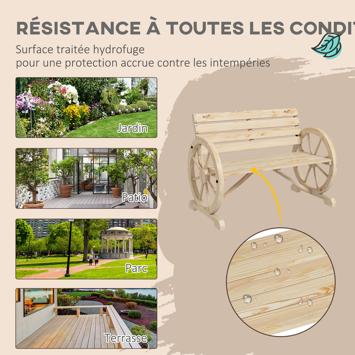 GARTENBANK DE-17785 3-Sitzer mit Wagenrad-Armlehnen Natur - Naturfarben, Holz (105.5/79/56cm) - ComfortXL